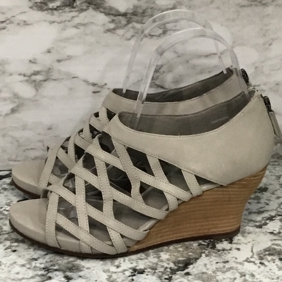 Eileen Fisher Cage Strap Lattice Leather Gray Wood Wedge Sandal - Picture 2 of 12